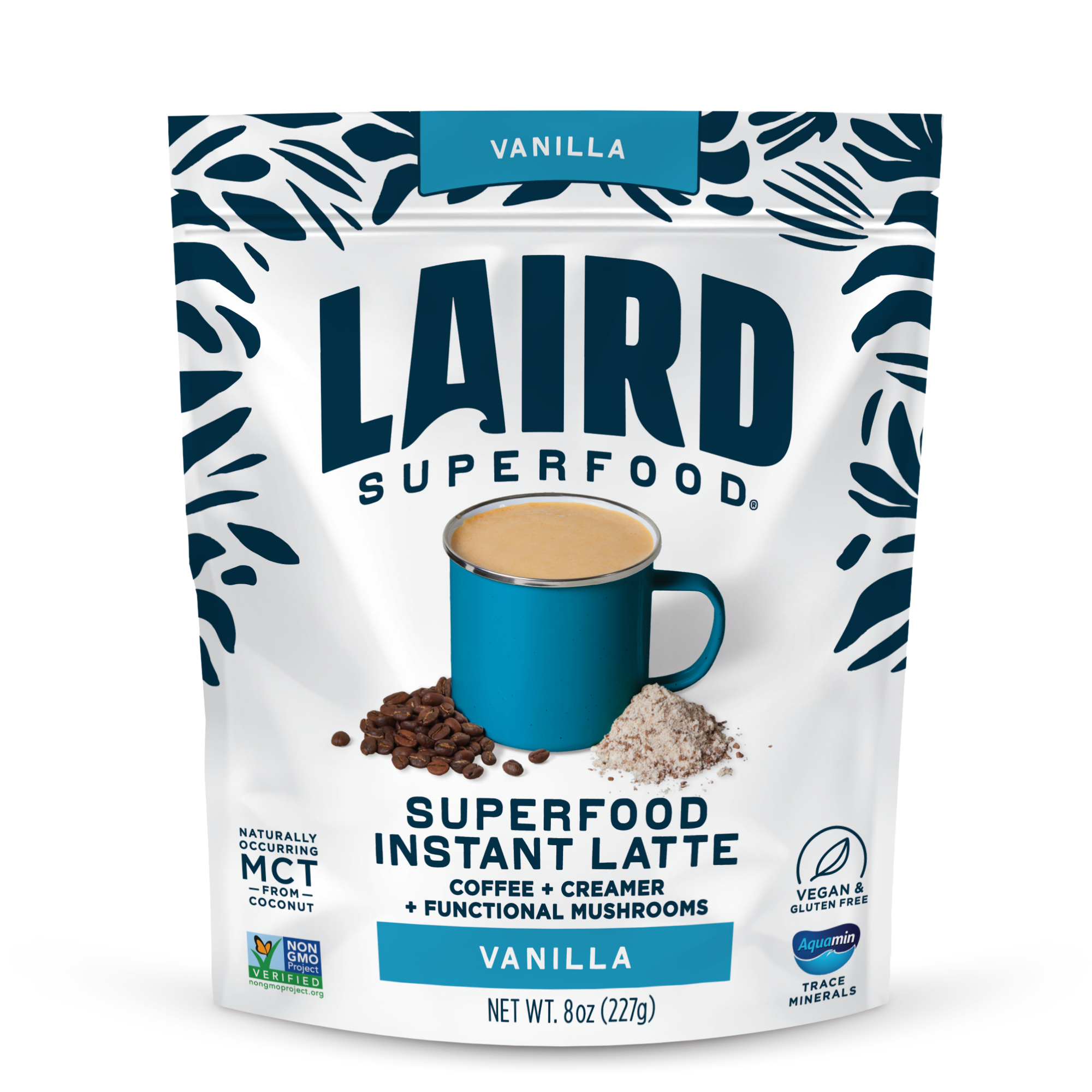 Instant latte mix from Laird Superfood, featuring a creamy texture and rich flavor, ideal for a quick coffee alternative.