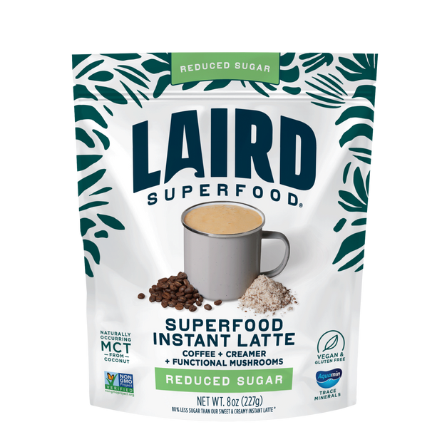 Laird Superfood instant latte package featuring a creamy latte blend with natural ingredients and a vibrant design.