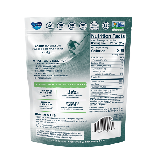 Laird Superfood instant latte, showcasing a convenient package with a rich latte blend and appealing graphics