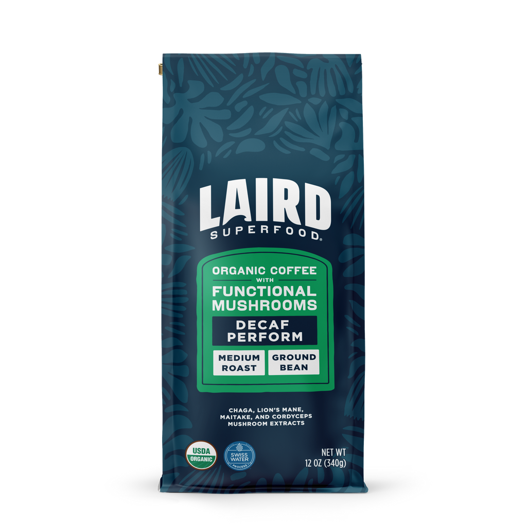 Laird Superfood decaf medium roast ground coffee with functional mushroom extracts in blue-green bag, 12 oz