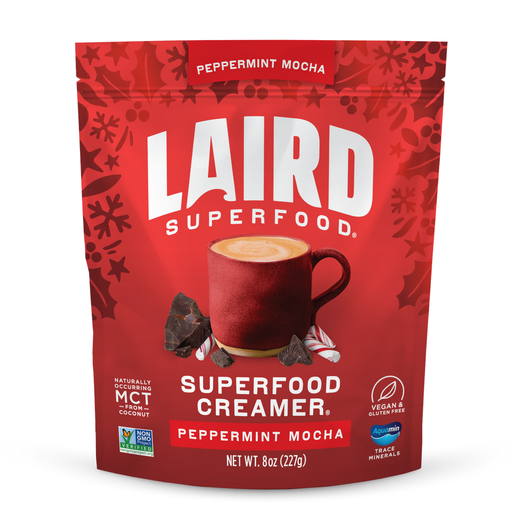 Red package of Laird Superfood Creamer Peppermint Mocha on a white background