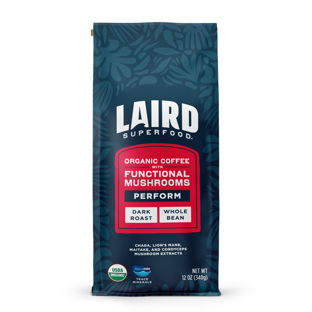Laird Superfood whole bean dark roast coffee with functional mushroom extracts and aquamin in blue-red bag, 12 oz