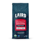 Laird Superfood whole bean dark roast coffee with functional mushroom extracts and aquamin in blue-red bag, 12 oz
