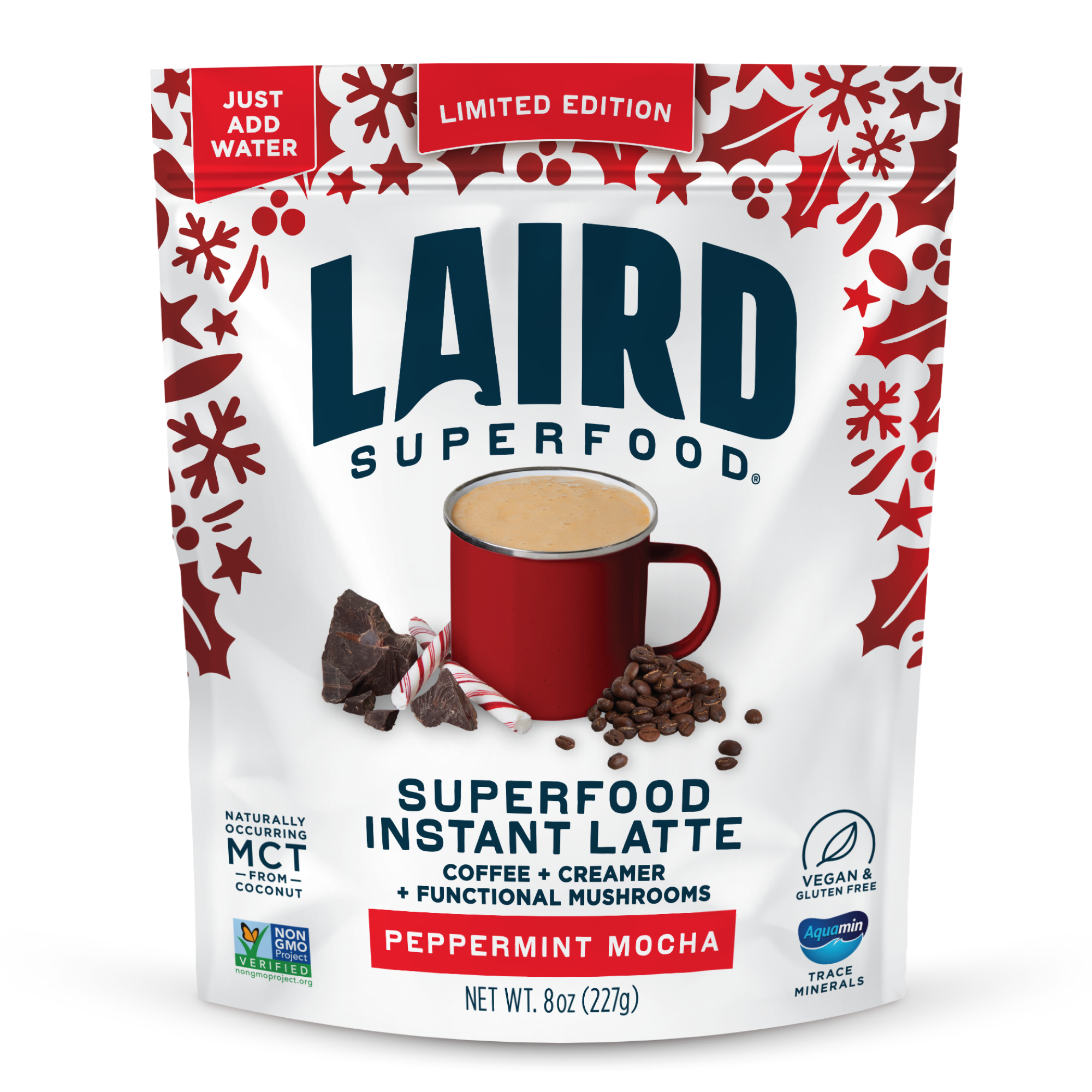 Laird Superfood Peppermint Mocha Instant Latte package with festive design