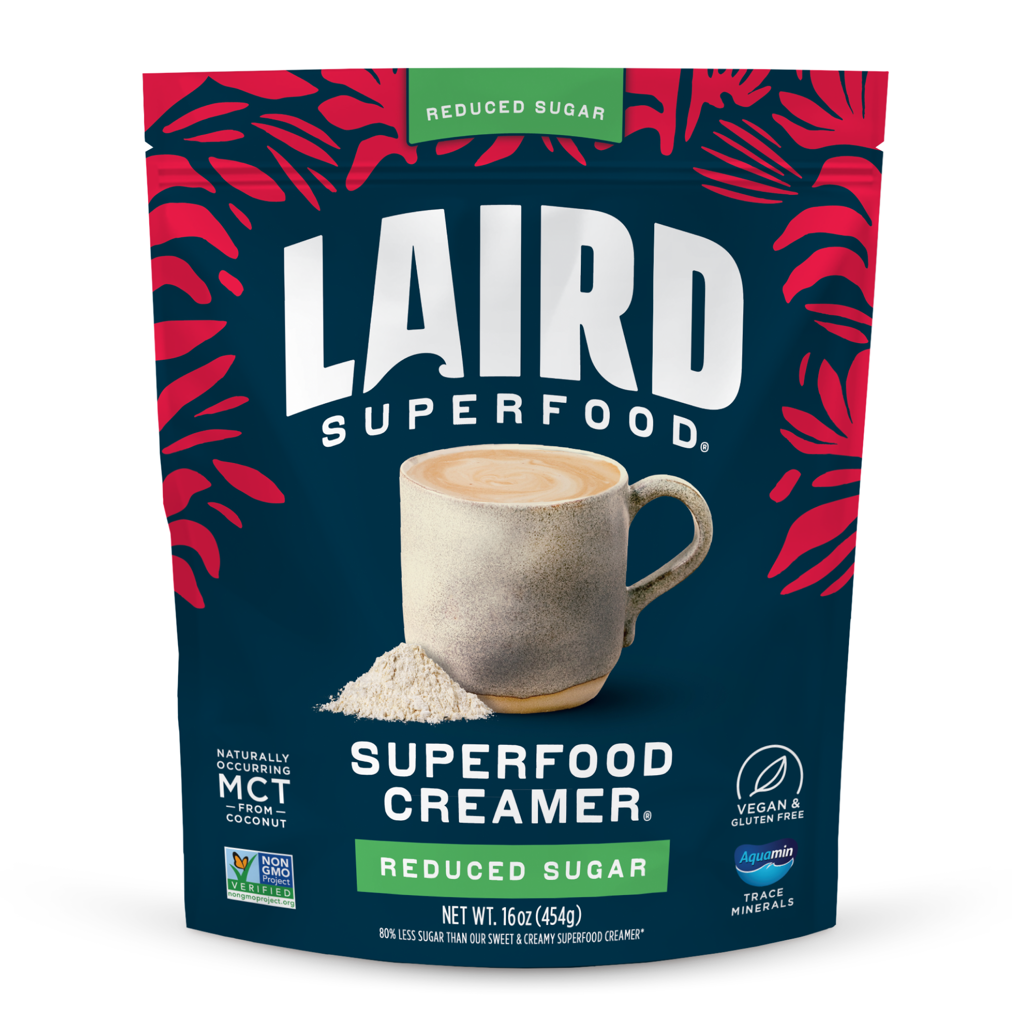 Laird Superfood Creamer package with a cup of coffee and red leaf pattern on a white background