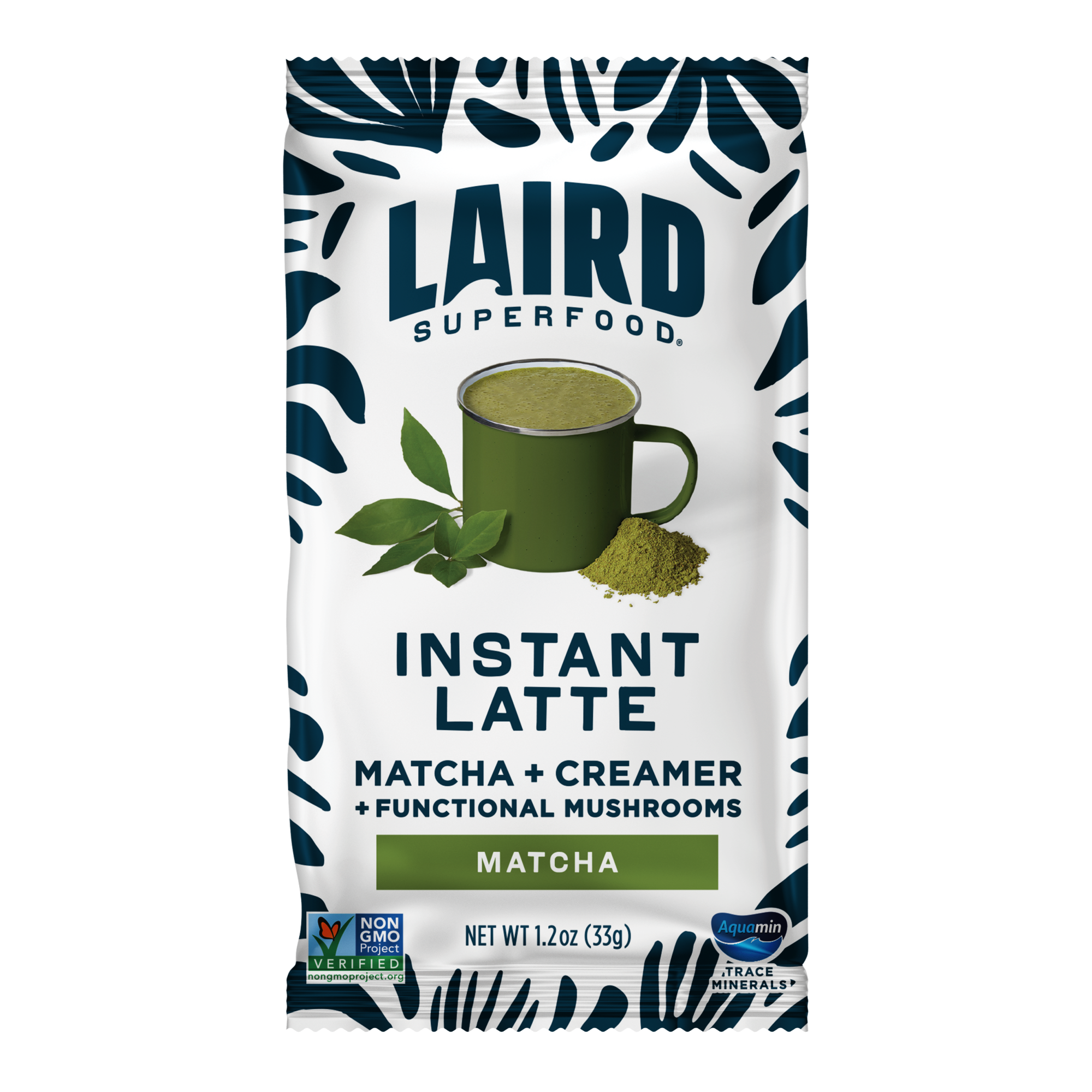 Package of Laird Superfood Instant Latte with matcha and creamer ingredients on a white background
