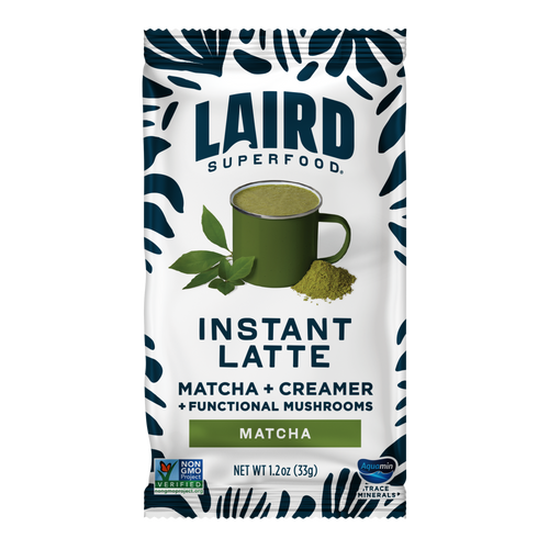 Package of Laird Superfood Instant Latte with matcha and creamer ingredients on a white background