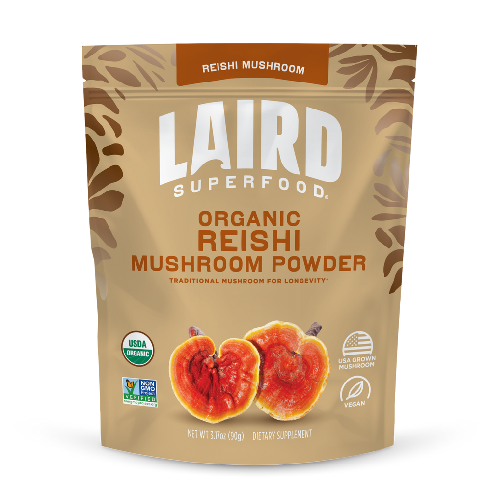 front view of Laird Superfood organic reishi mushroom powder bag.