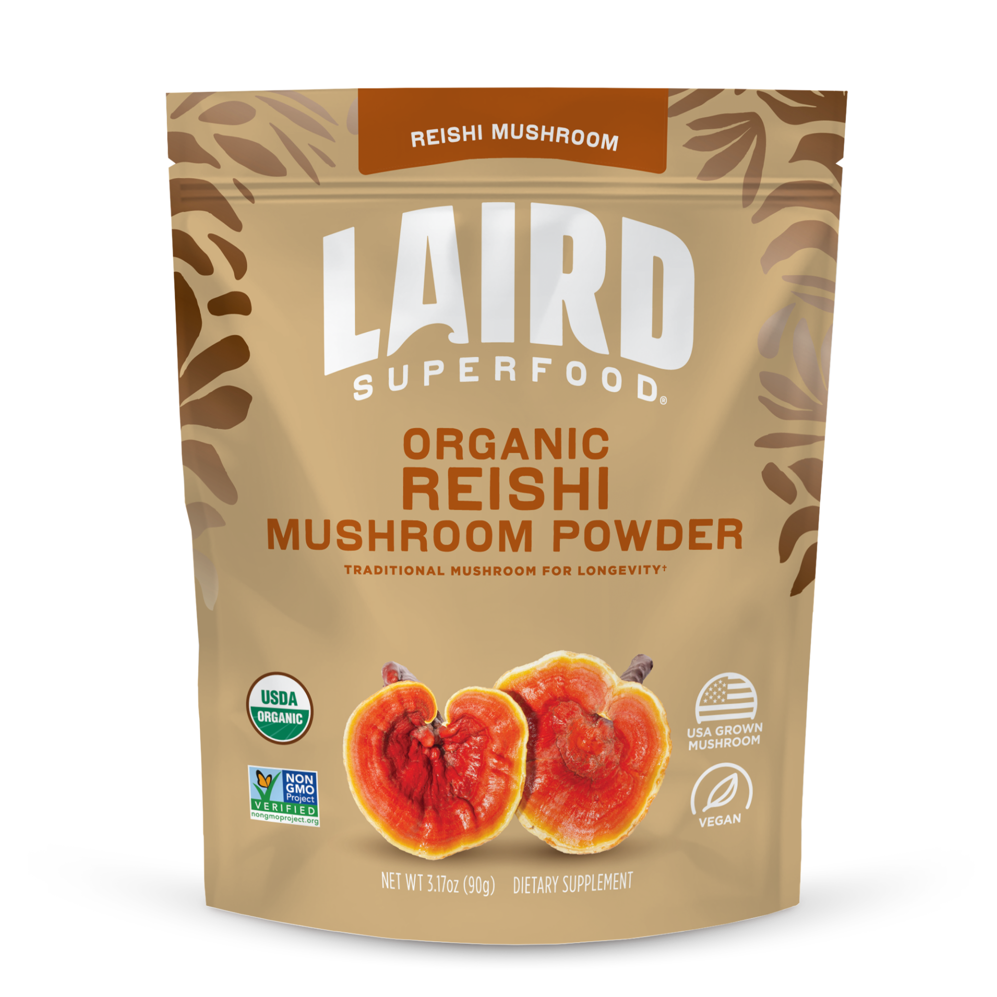 front view of Laird Superfood organic reishi mushroom powder bag.