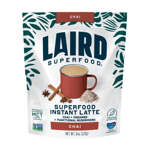 Front view of Laird Superfood Chai Instant Latte with leafy blue highlight design 8oz