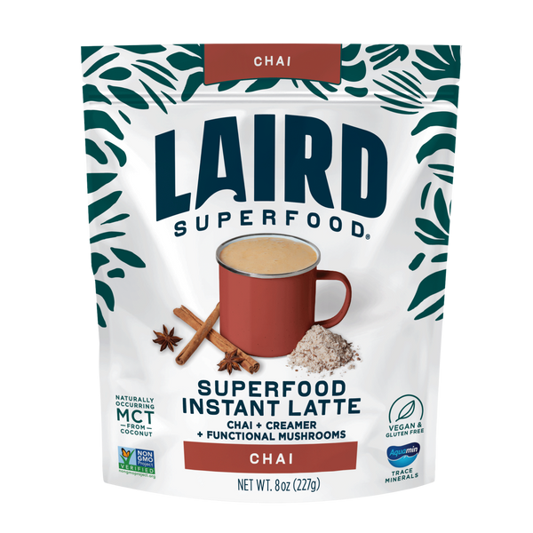 Front view of Laird Superfood Chai Instant Latte with leafy blue highlight design 8oz