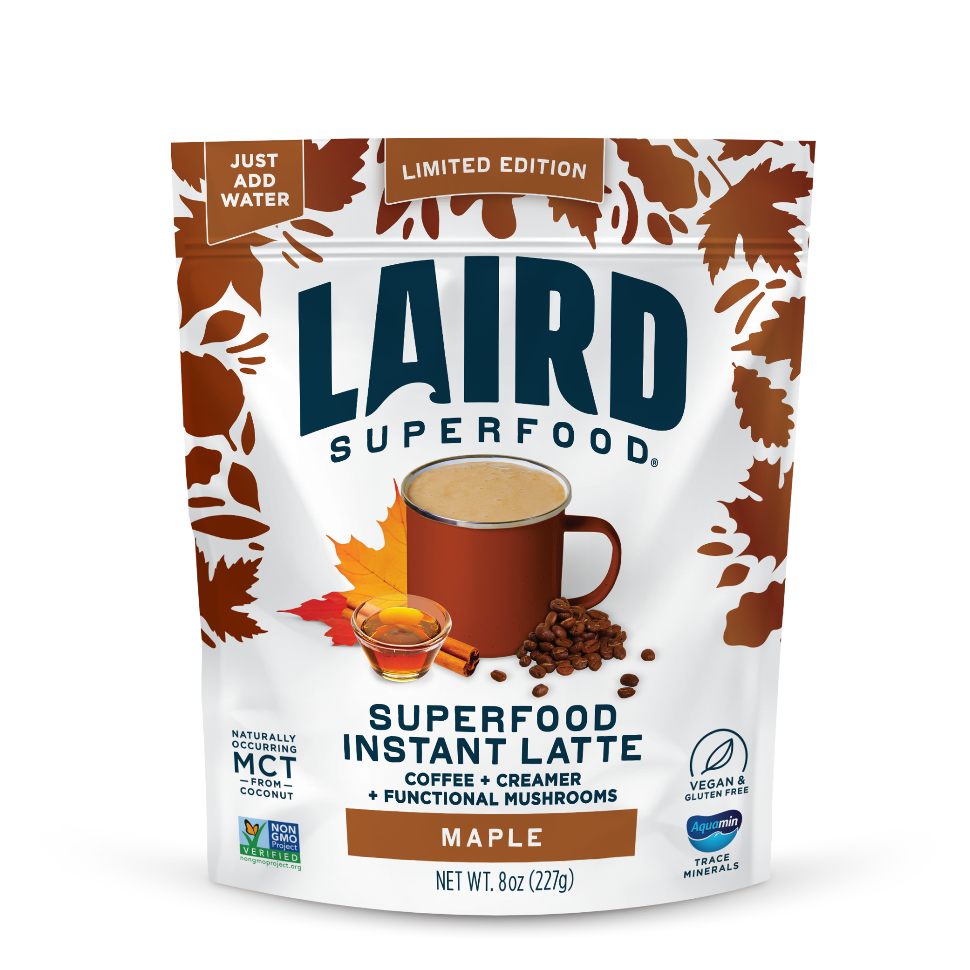 Laird Superfood Superfood Instant Latte package with coffee cup and maple leaf design on a white background
