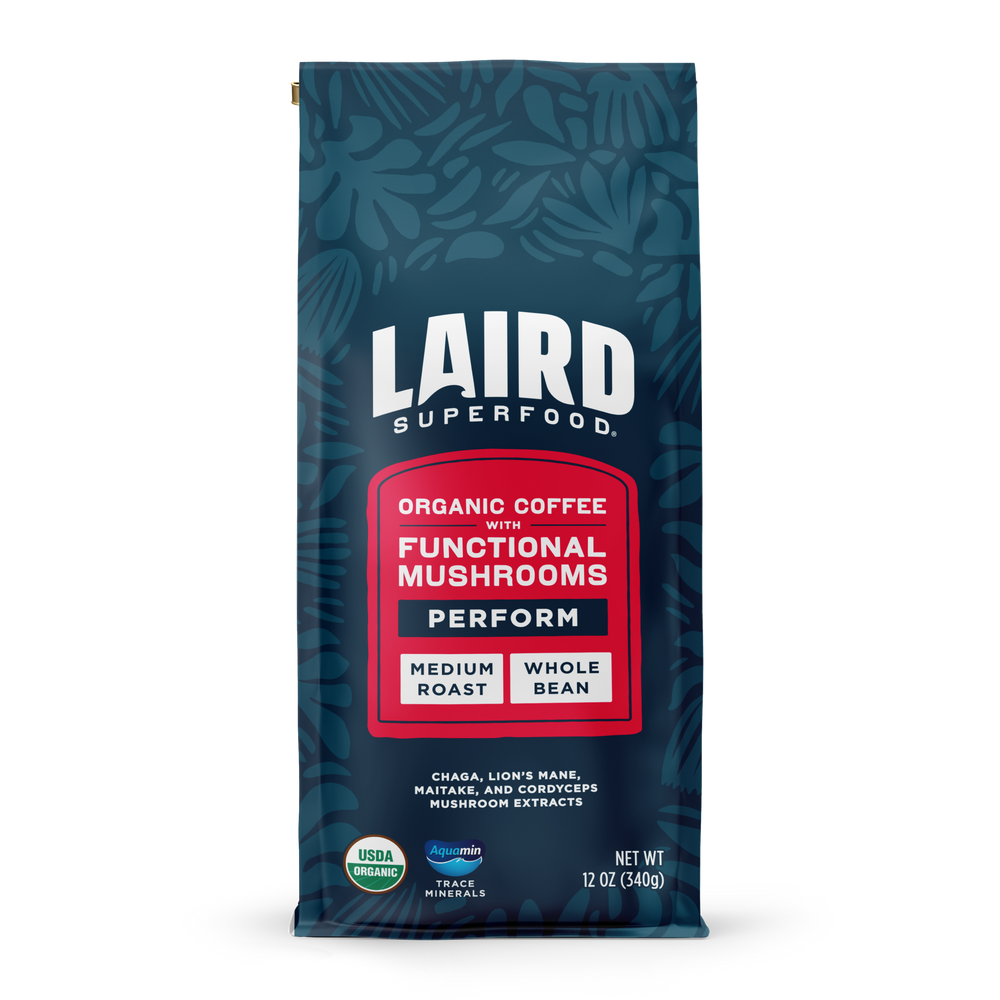 Laird Superfood whole bean medium roast coffee with functional mushroom extracts and aquamin in blue-red bag, 12 oz