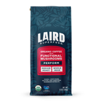 Laird Superfood whole bean medium roast coffee with functional mushroom extracts and aquamin in blue-red bag, 12 oz