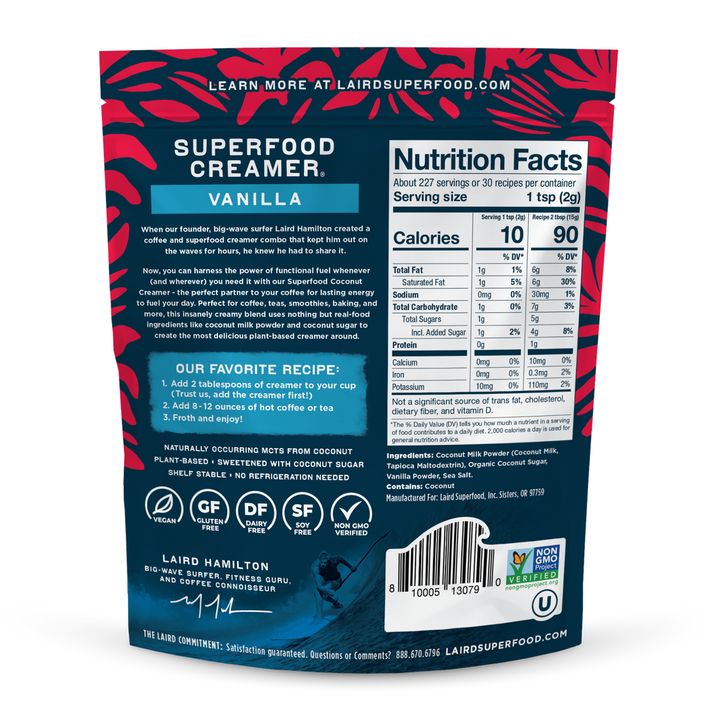 Back of a Laird Superfood Creamer package with nutritional information and ingredients.