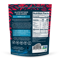 Back of a Laird Superfood Creamer package with nutritional information and ingredients.