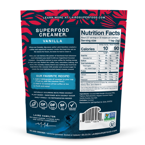 Back of a Laird Superfood Creamer package with nutritional information and ingredients.