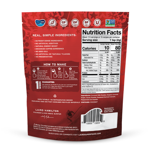Red package with nutrition facts label and branding on a white background