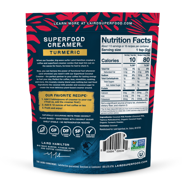 Superfood creamer package with nutritional information on a white background