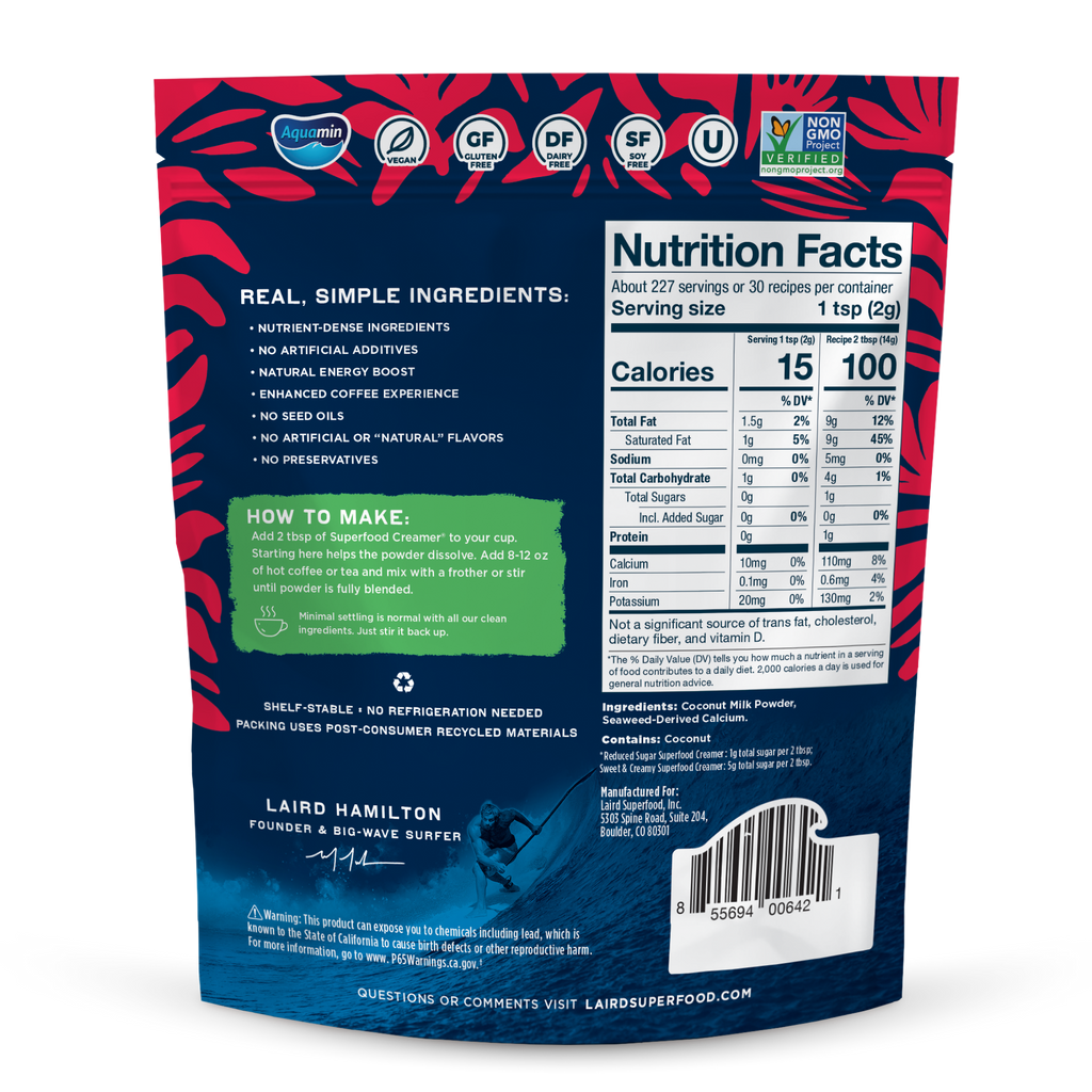 Back of a Laird Superfood package with nutrition facts and ingredient information.