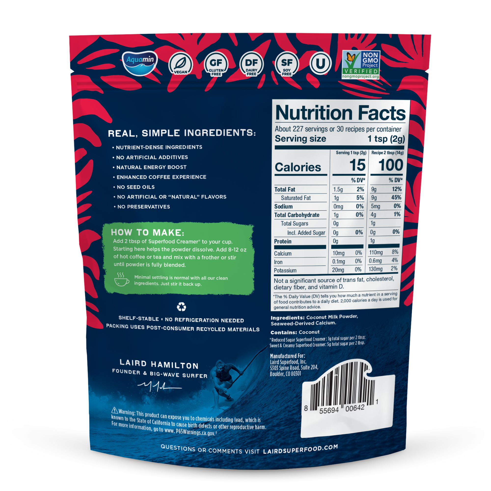 Back of a Laird Superfood package with nutrition facts and ingredient information.