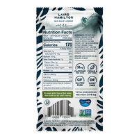 Nutrition facts label on a Laird Hamilton product packaging with branding and certification logos.