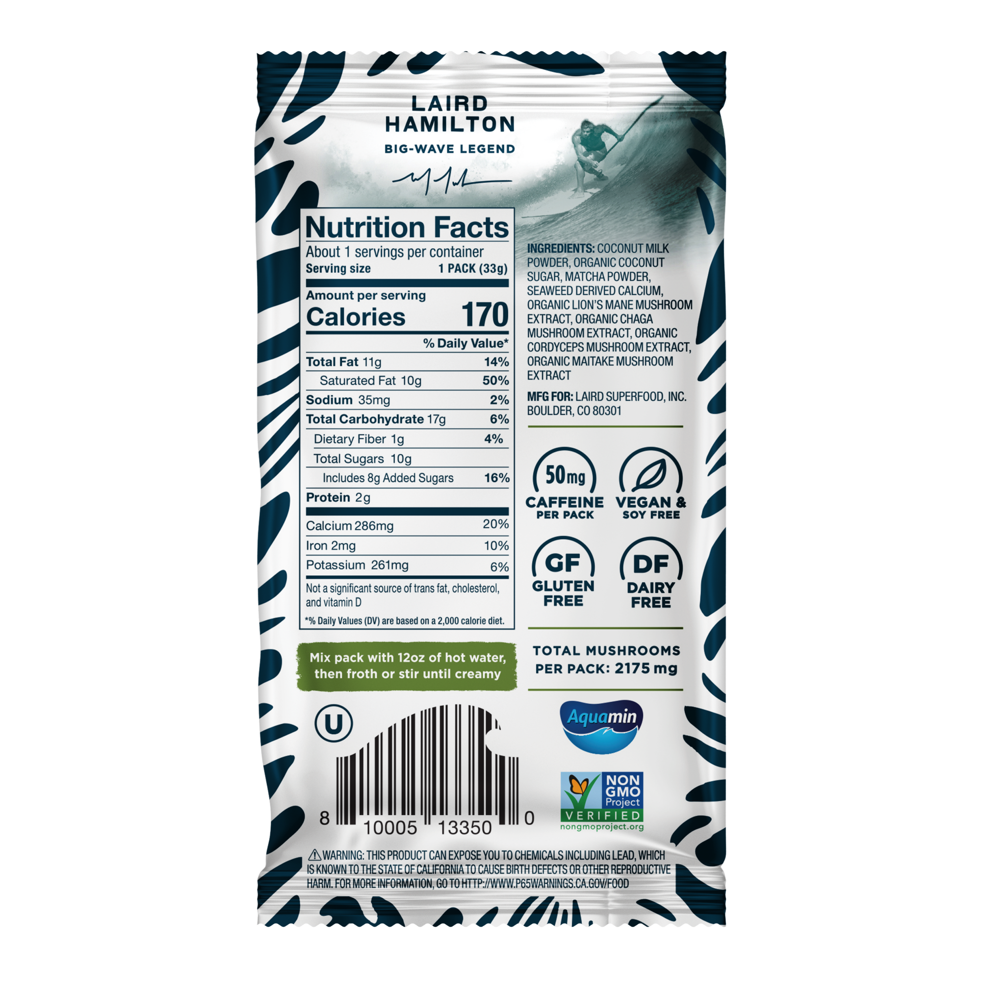 Nutrition facts label on a Laird Hamilton product packaging with branding and certification logos.