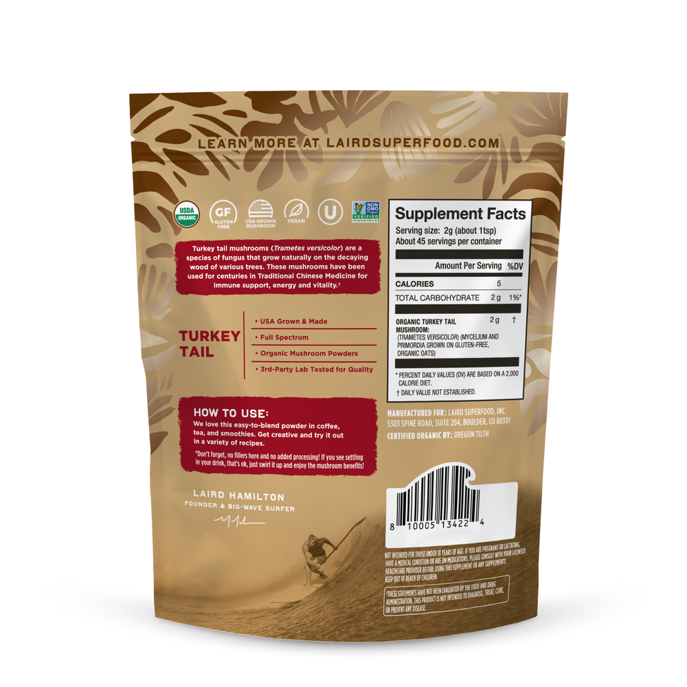 Laird Superfood organic turkey tail back of package. 