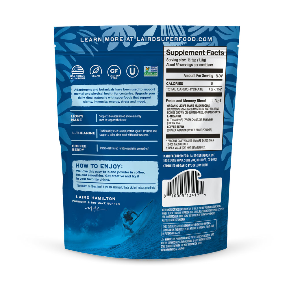 Laird Superfood focus and memory mushroom blend back of pack