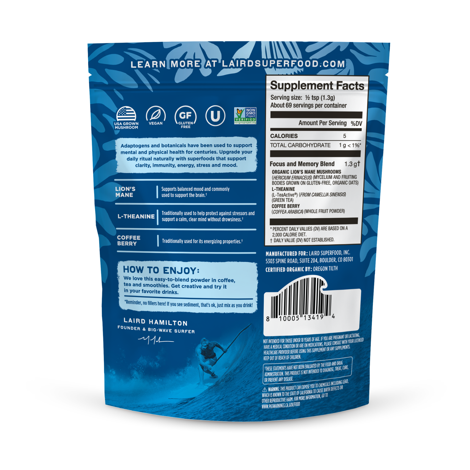 Laird Superfood focus and memory mushroom blend back of pack