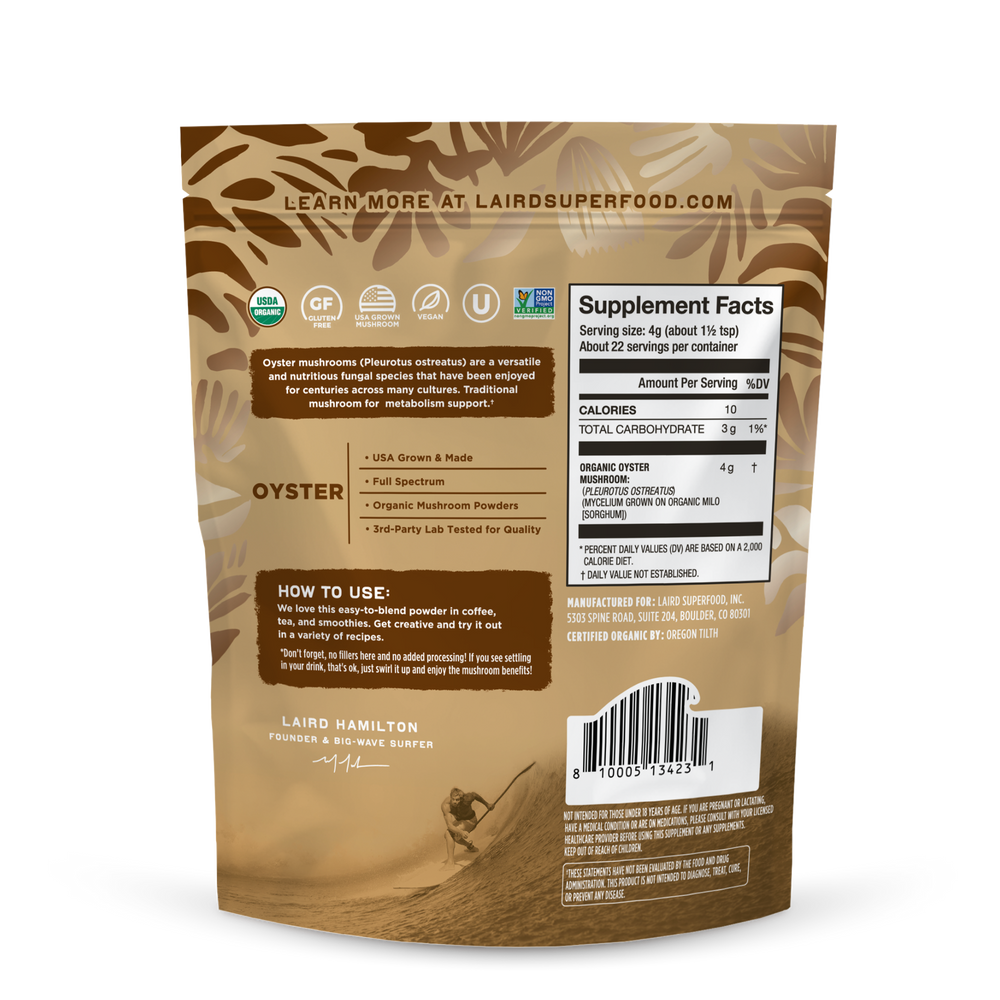 Laird Superfood organic oyster mushroom powder back of package. 