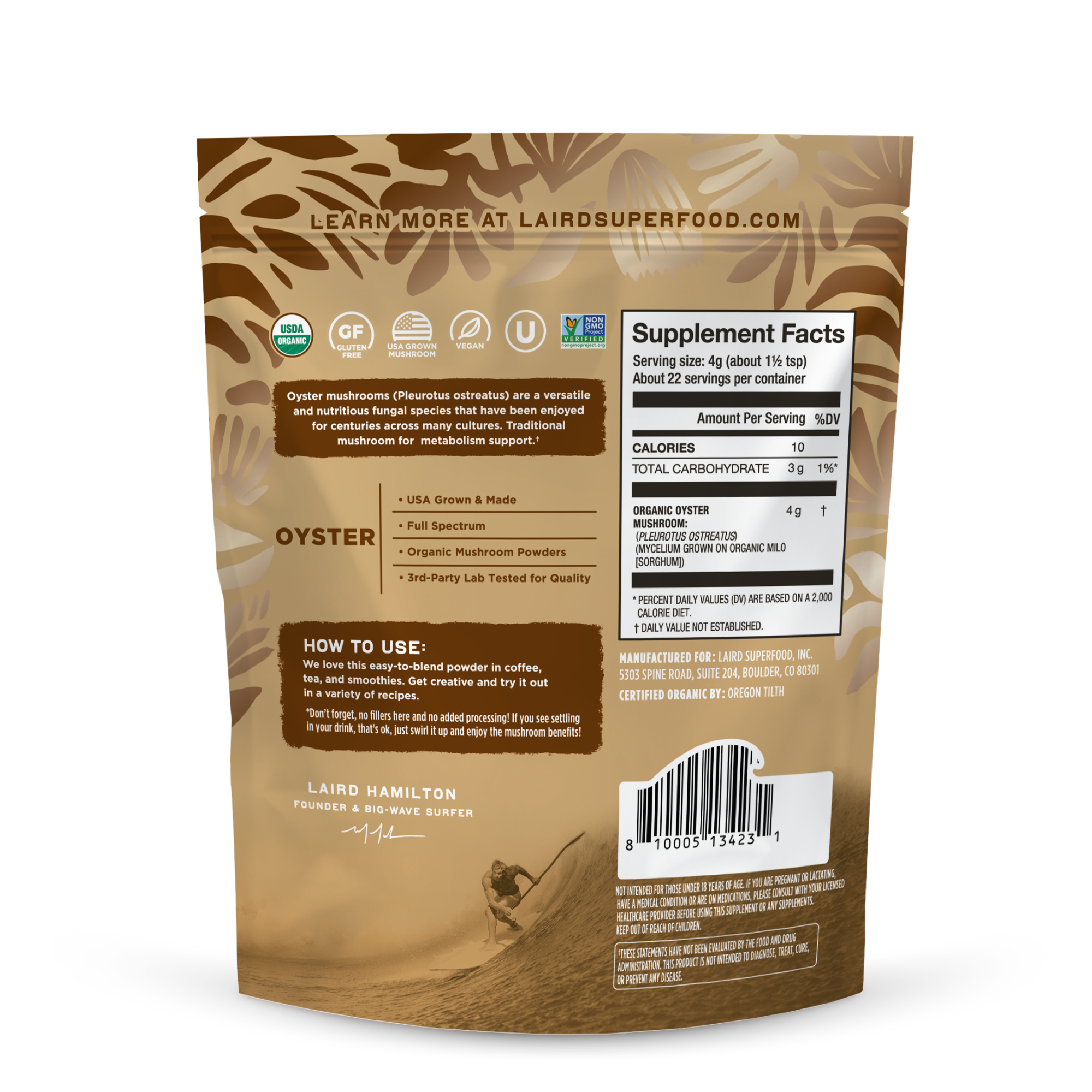 Laird Superfood organic oyster mushroom powder back of package. 