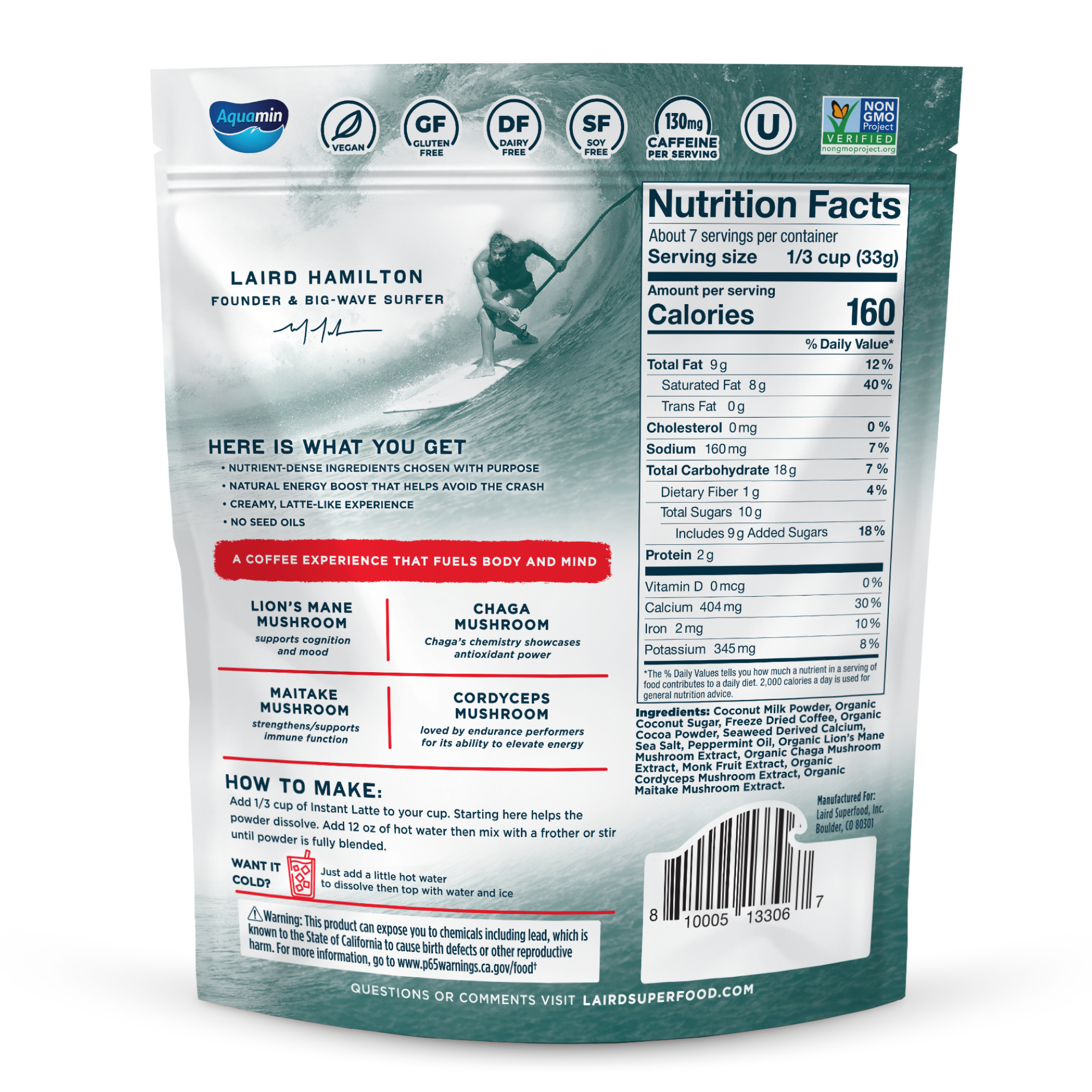Laird Superfood package with nutrition facts and ingredients listed on a white background
