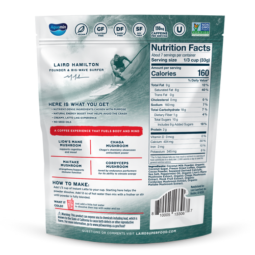 Laird Superfood package with nutrition facts and ingredients listed on a white background