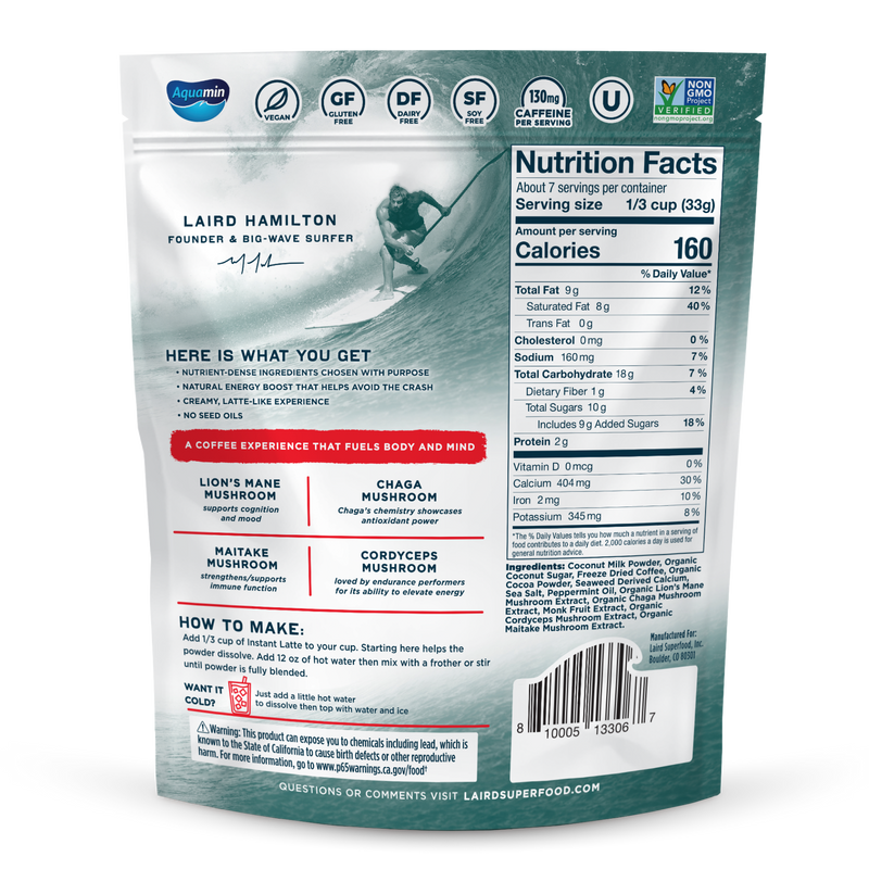 Laird Superfood package with nutrition facts and ingredients listed on a white background