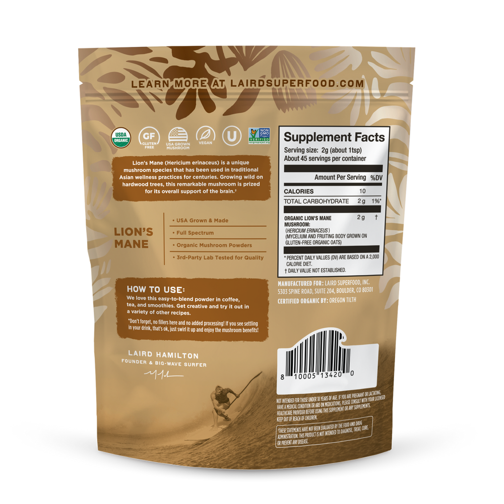 Laird Superfood organic lion's mane mushroom powder back of package. 