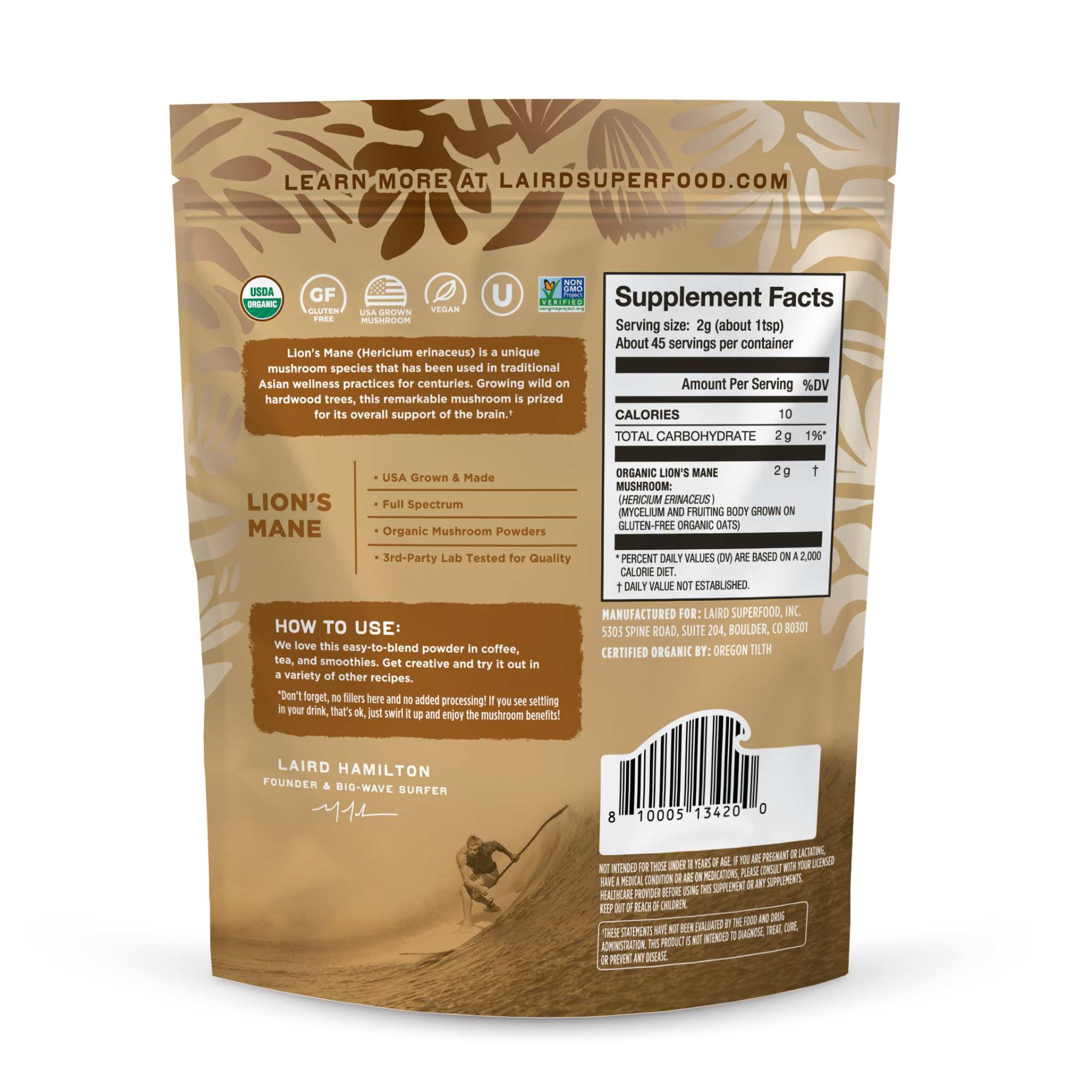 Laird Superfood organic lion's mane mushroom powder back of package. 