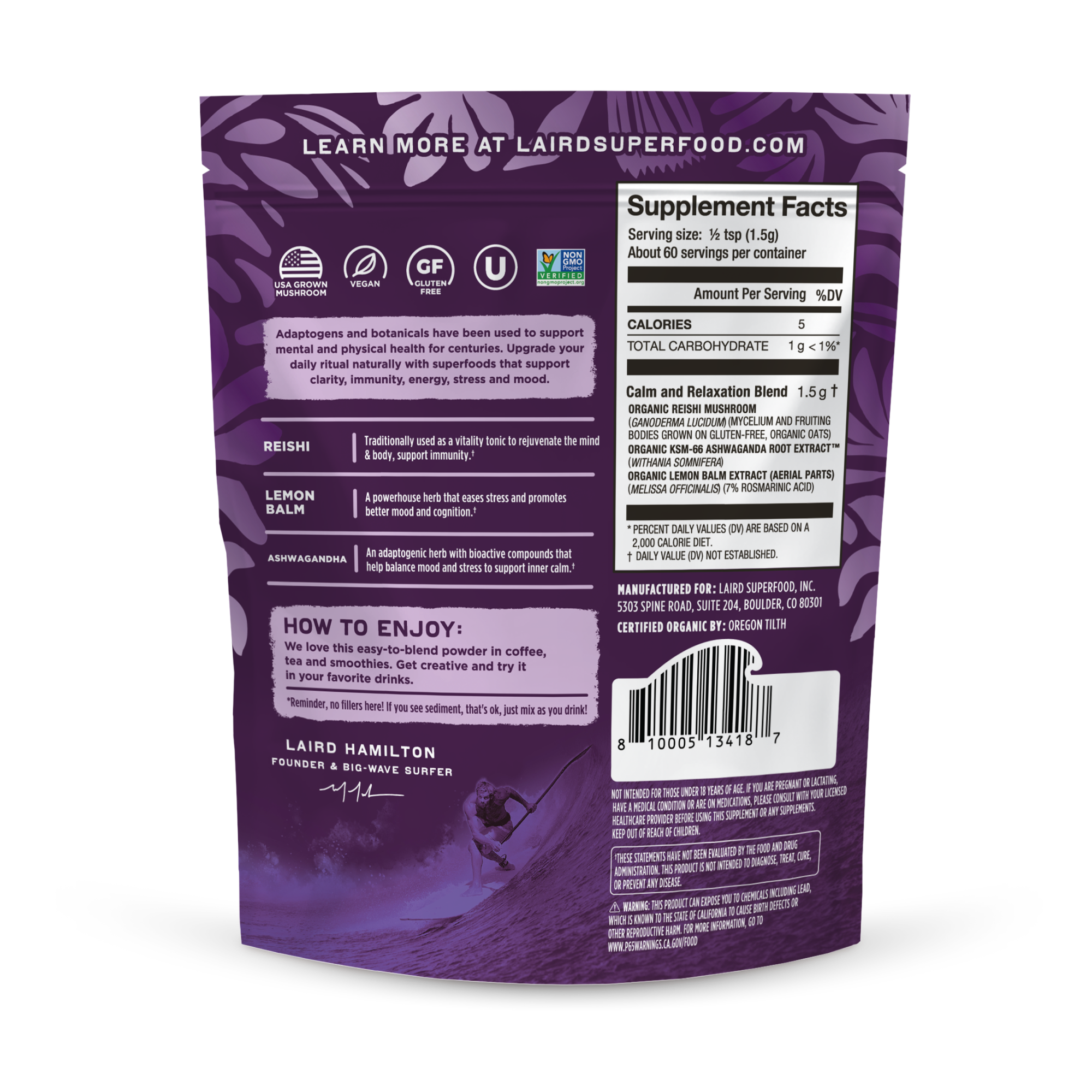 Laird Superfood calm and relaxation mushroom blend back of pack
