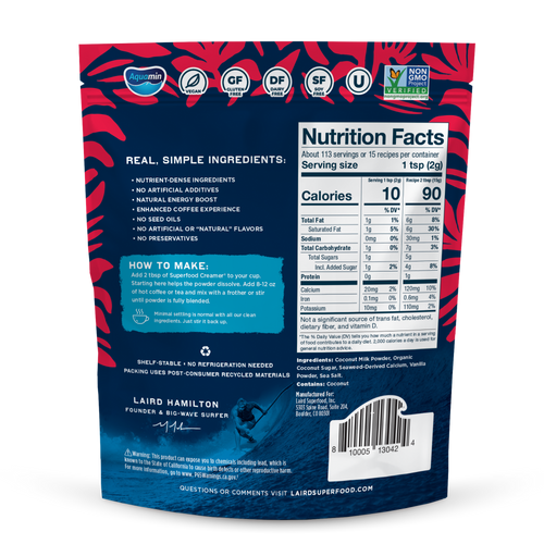 Back of a Laird Superfood package with nutrition facts and ingredients listed.