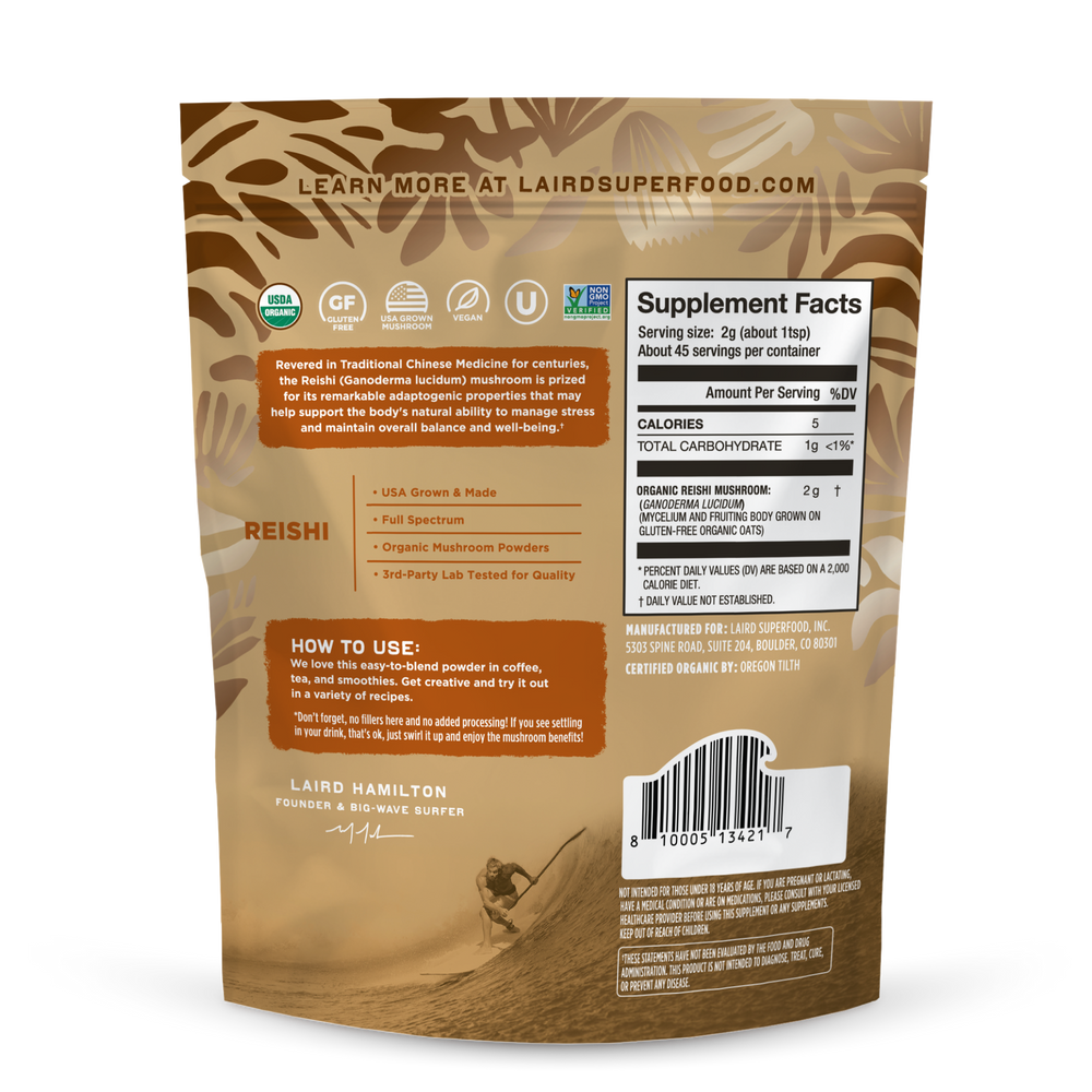 Laird Superfood reishi mushroom powder back of package.