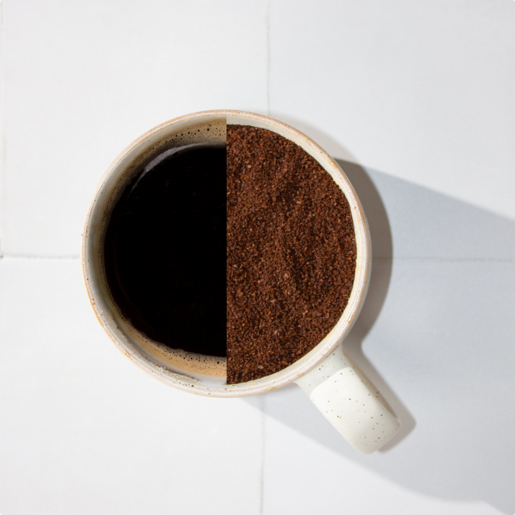 White mug split with Laird Superfood coffee and coffee ground being shown to fill the cup