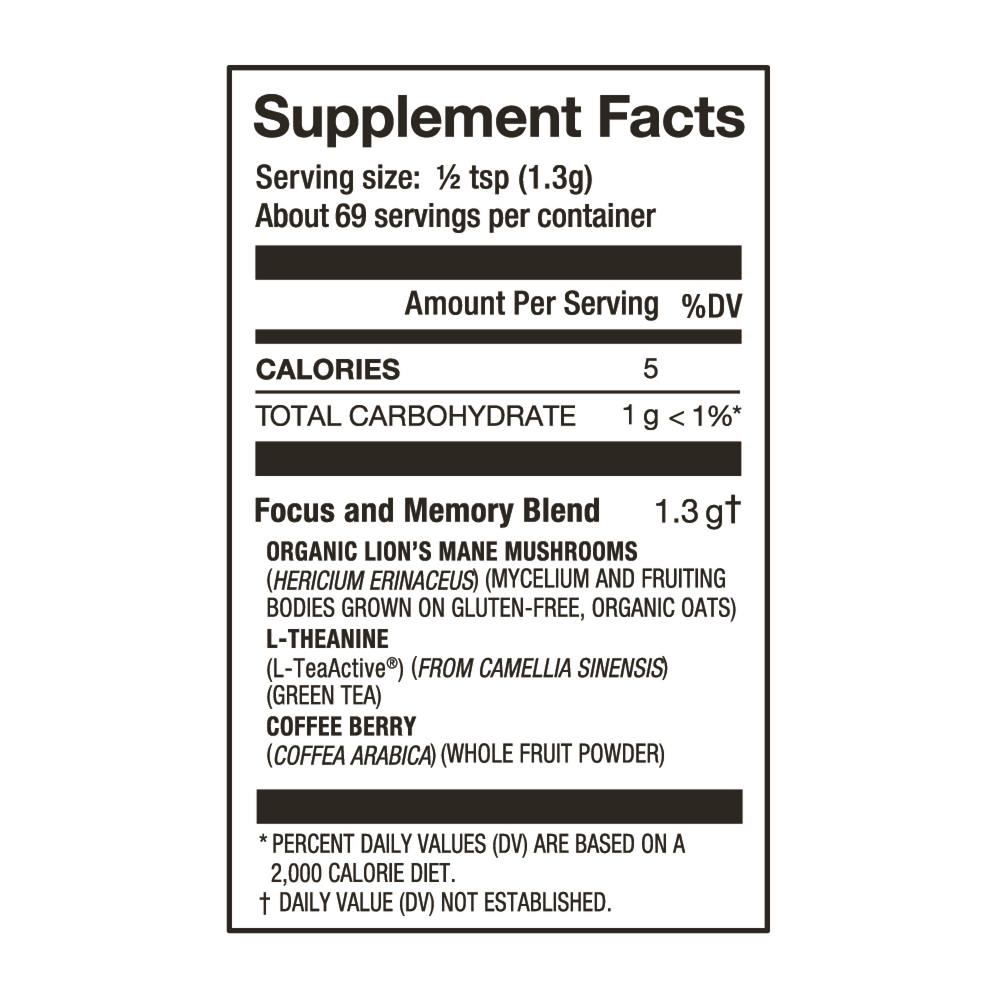 Laird Superfood focus and memory mushroom blend nutritional facts. 