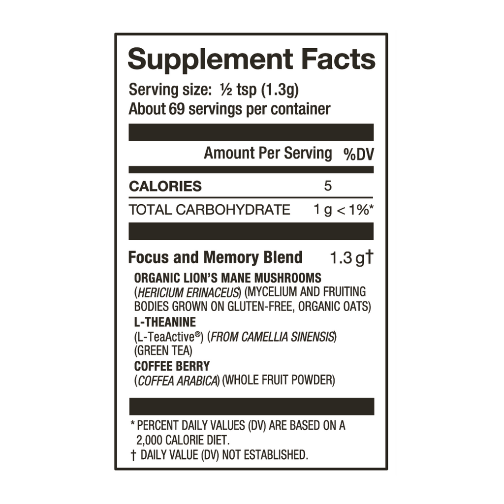 Laird Superfood focus and memory mushroom blend nutritional facts. 