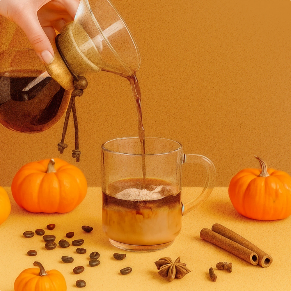 Pouring coffee into a glass mug with pumpkins and cinnamon sticks on a warm-toned background