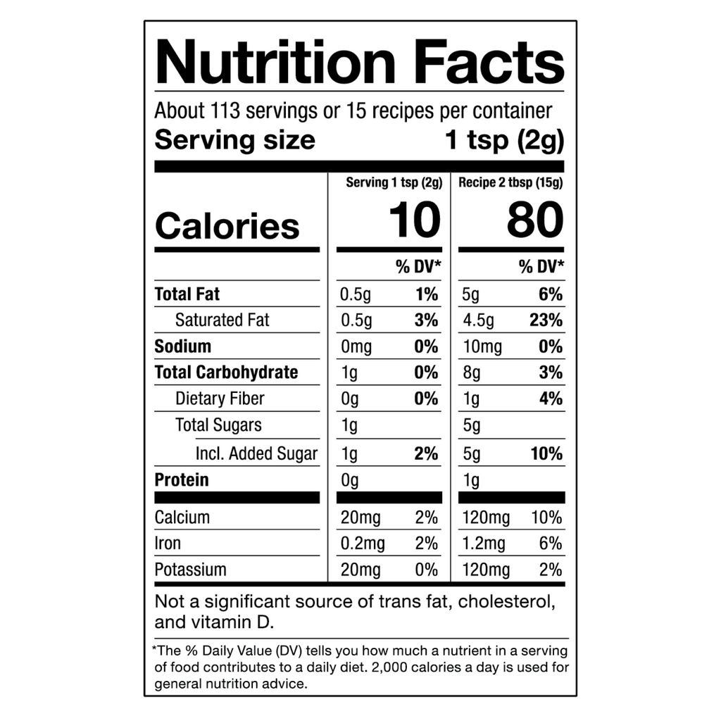 Nutrition facts label for a product with serving size, calories, and nutritional content details.