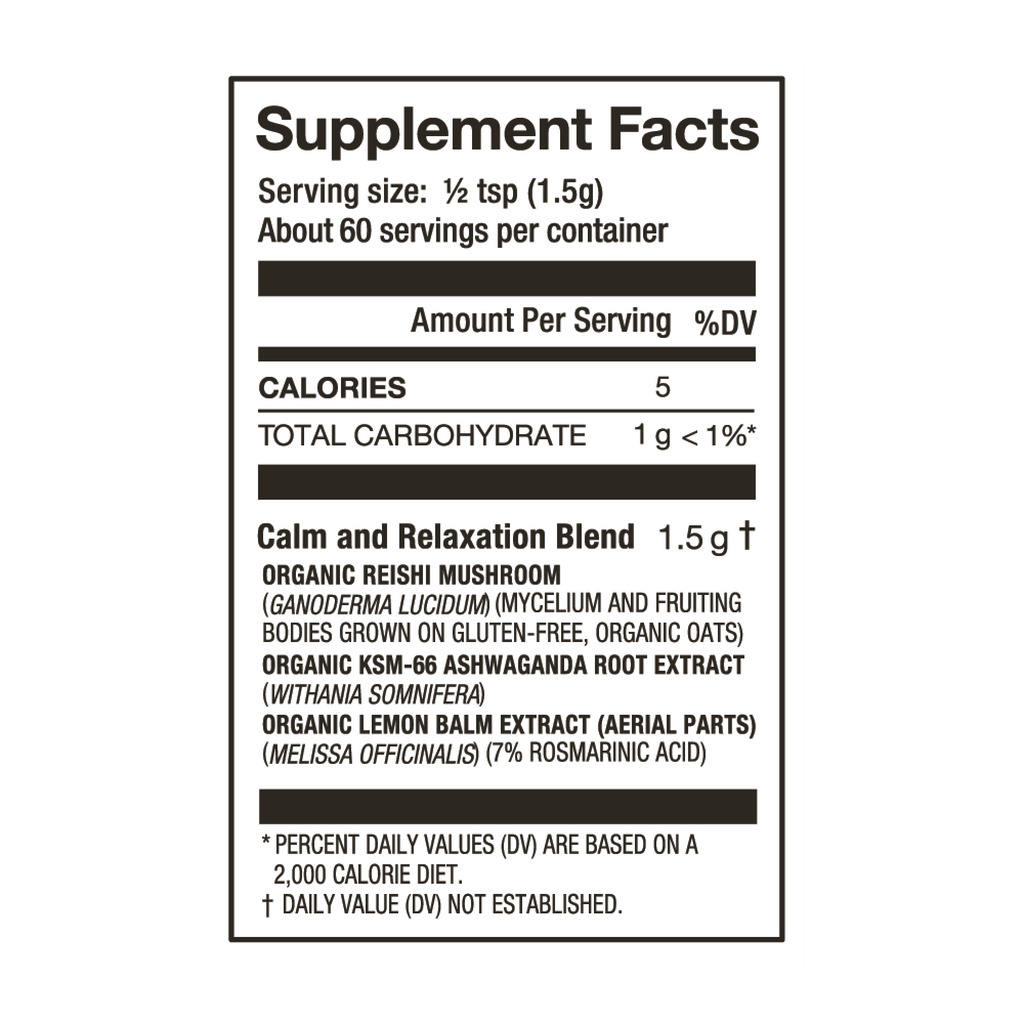 Laird Superfood calm and relaxation mushroom blend nutritional facts.