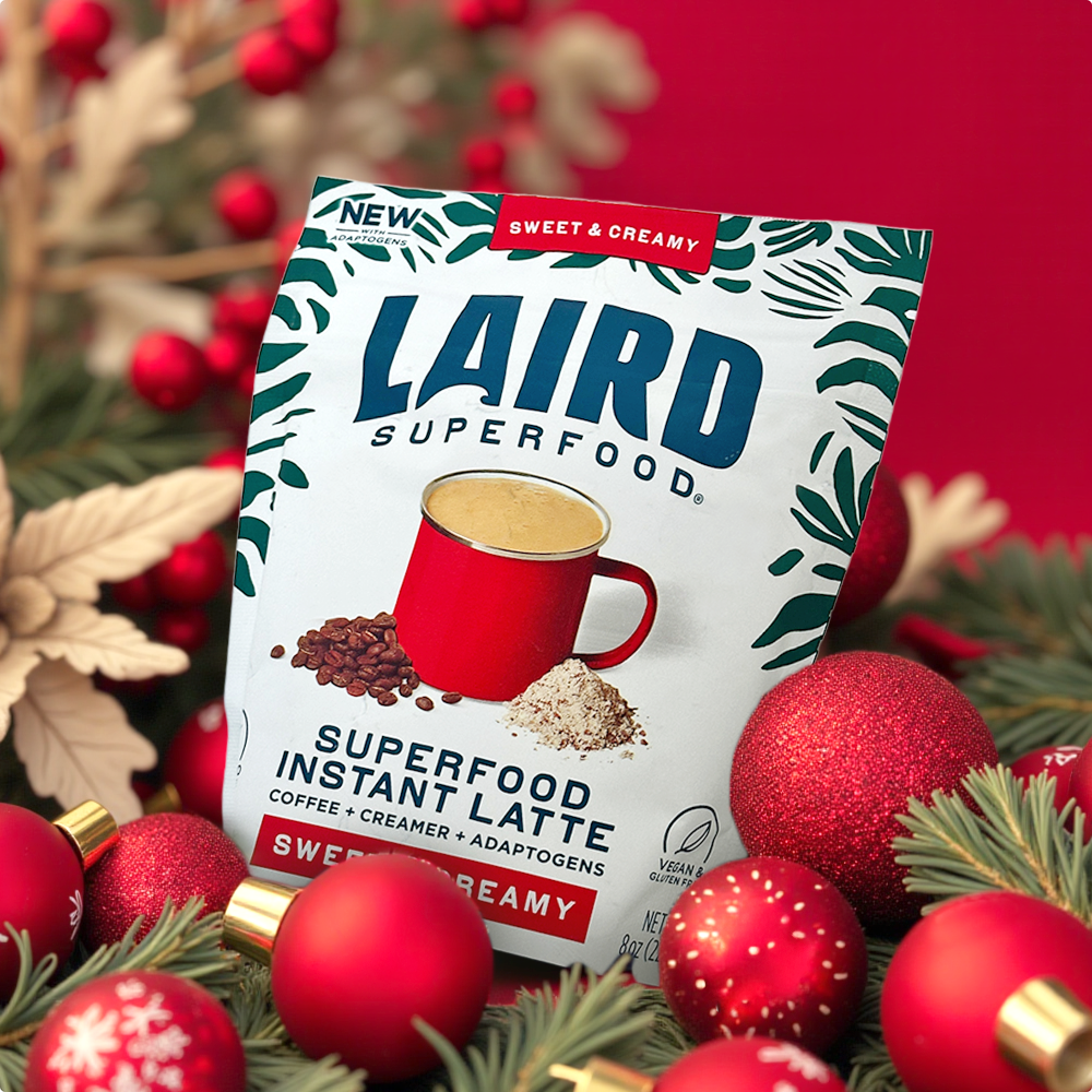Laird Superfood Instant Latte package surrounded by festive decorations