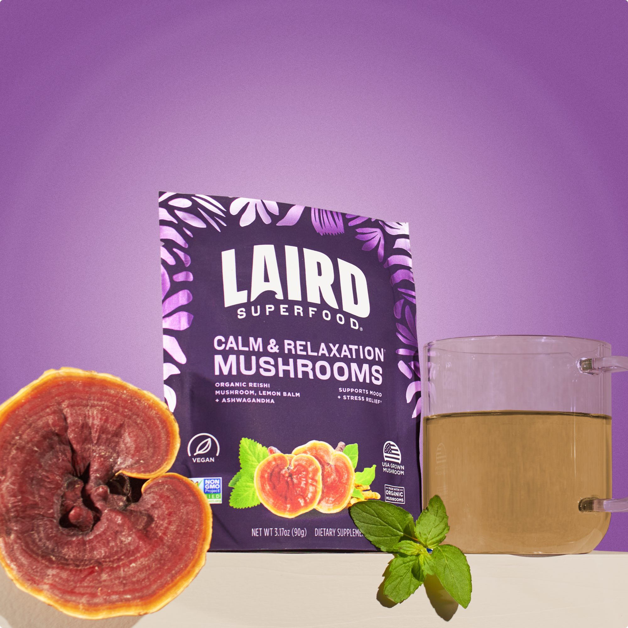 Laird Superfood calm and relaxation mushroom powder with a reishi mushroom and glass mug with the mushroom mix in it