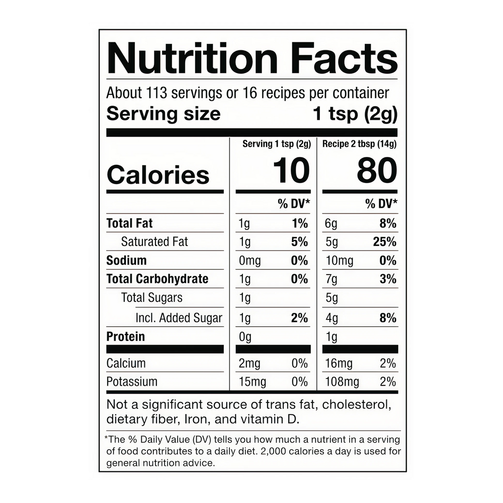 Nutrition facts label for a product with serving size, calories, and nutritional content details.