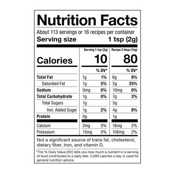 Nutrition facts label for a product with serving size, calories, and nutritional content details.